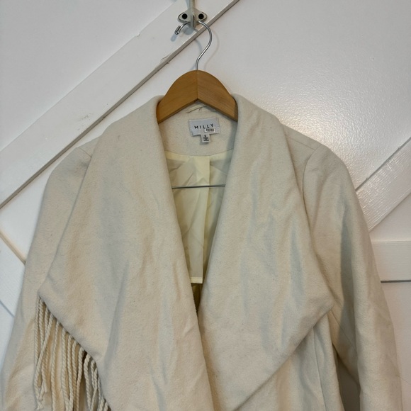 Milly Fringe Trim Long Sleeve Wool Blend Chunky Coat Cream Sz Small - Picture 3 of 8
